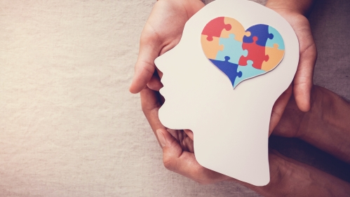 2 sets of hands cradling a cardboard silhouette of a head in side profile with a puzzle piece-patterned heart where its brain would be