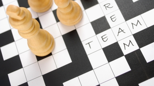 several chess pieces on top of a crossword puzzle where "dream" and "team" are filled in