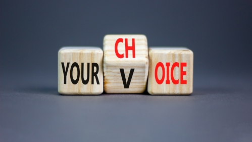 blocks reading both "your voice" and "your choice"