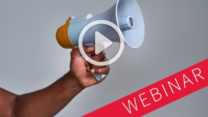 a play button and "WEBINAR" superimposed over an arm holding a megaphone