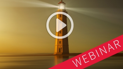 a play button and the word "webinar" superimposed over a lighthouse