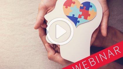 webinar and play button symbols superimposed over a cutout of a head with a puzzle piece heart for a brain