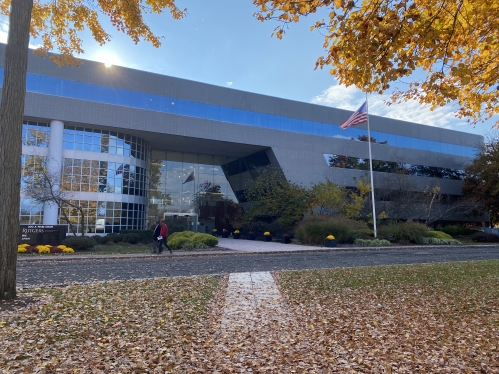 Front of building in the fall